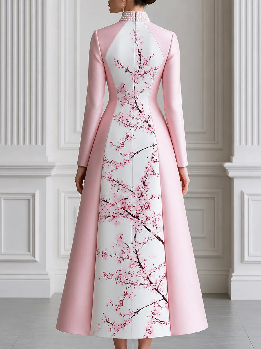 Pink Satin Plum Blossom Print Panel Stand Collar Maxi Dress