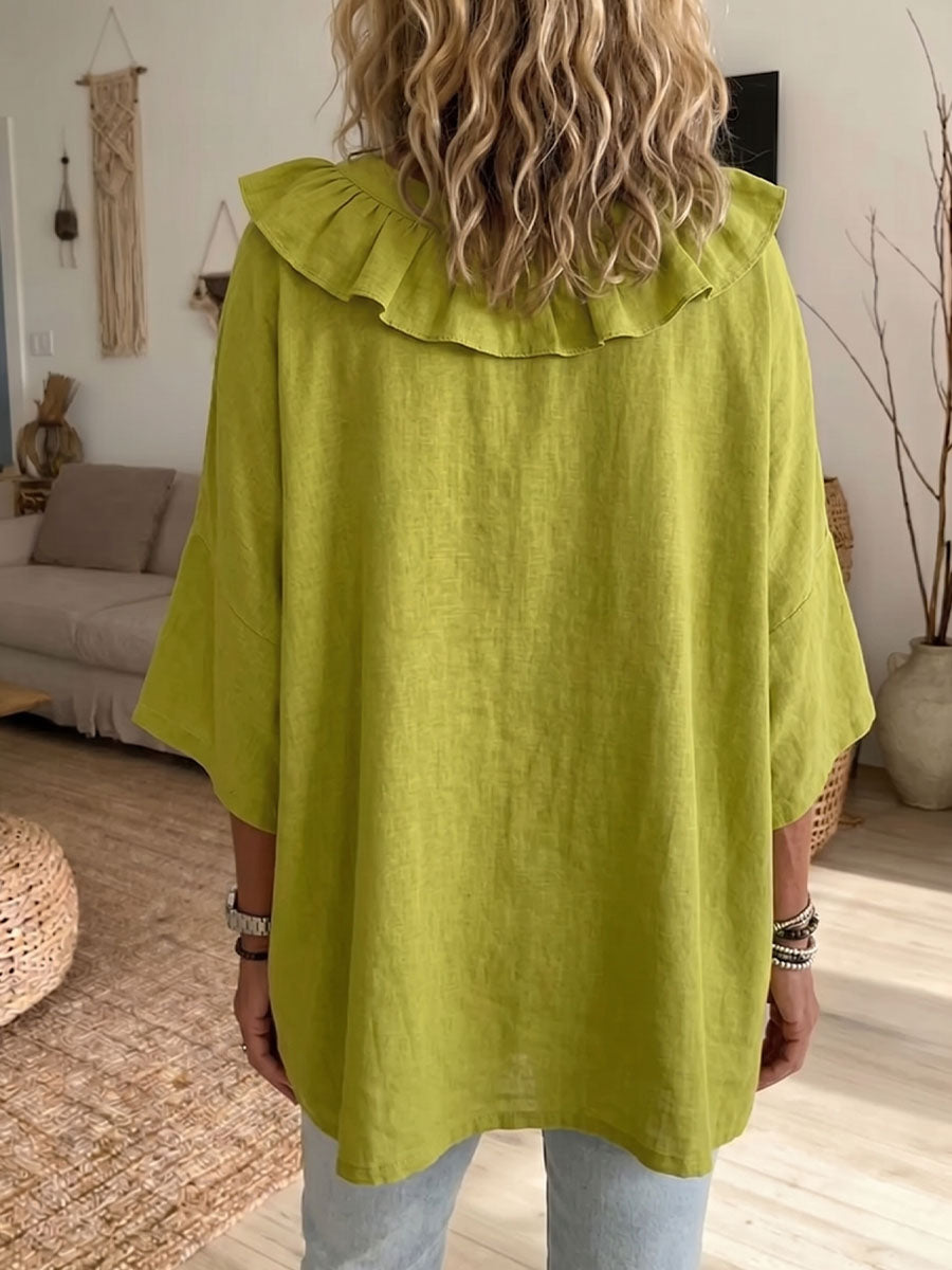 Women's Solid-color Ruffled V-neck 3/4-sleeve Casual Loose Cotton-linen Top