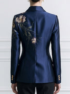 Floral Print Satin Peak-Lapel Double-Breasted Blazer