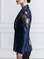 Floral Print Satin Peak-Lapel Double-Breasted Blazer