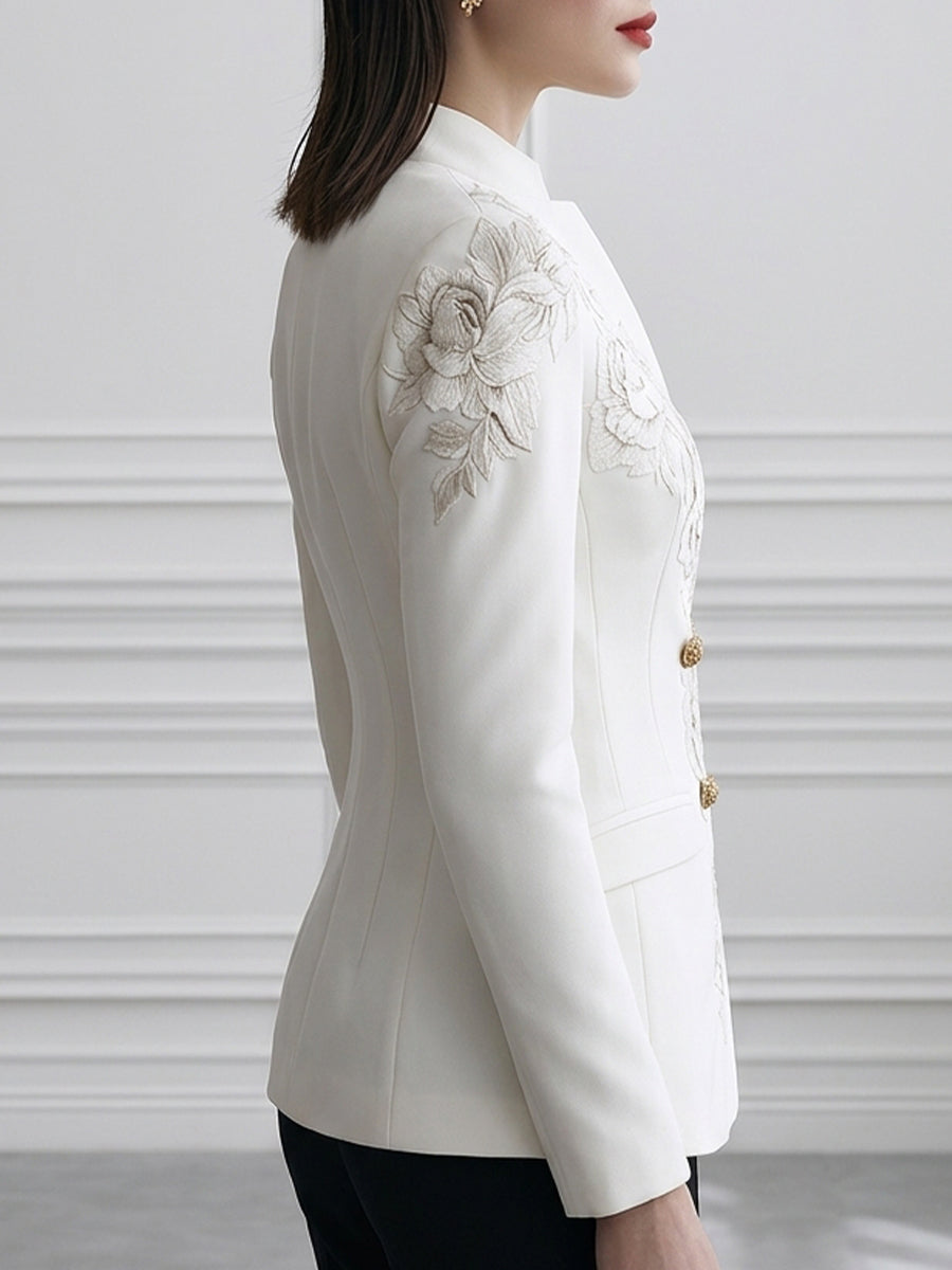 Floral Embroidered Mandarin-Collar Double-Breasted Blazer