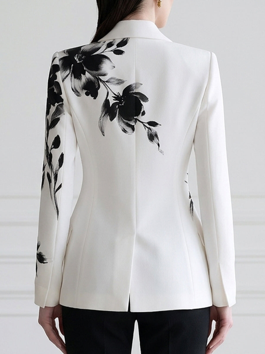 Floral Print Peak-Lapel Single-Button Tailored Blazer