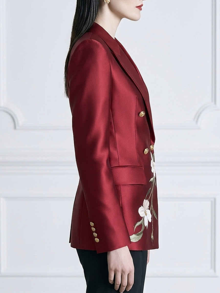 Floral Print Satin Peak-Lapel Double-Breasted Blazer