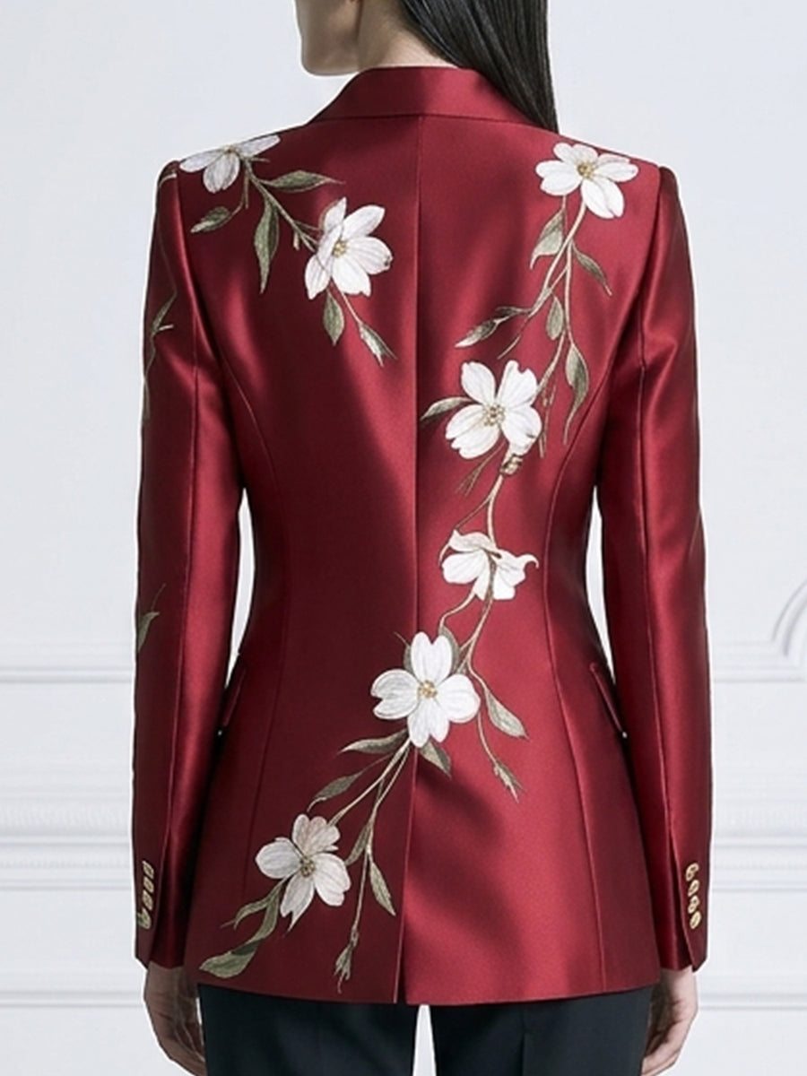 Floral Print Satin Peak-Lapel Double-Breasted Blazer