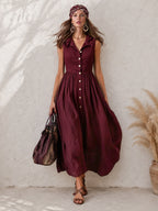 Elegant Zinfandel-colored Cotton And Linen Sleeveless Maxi Dress