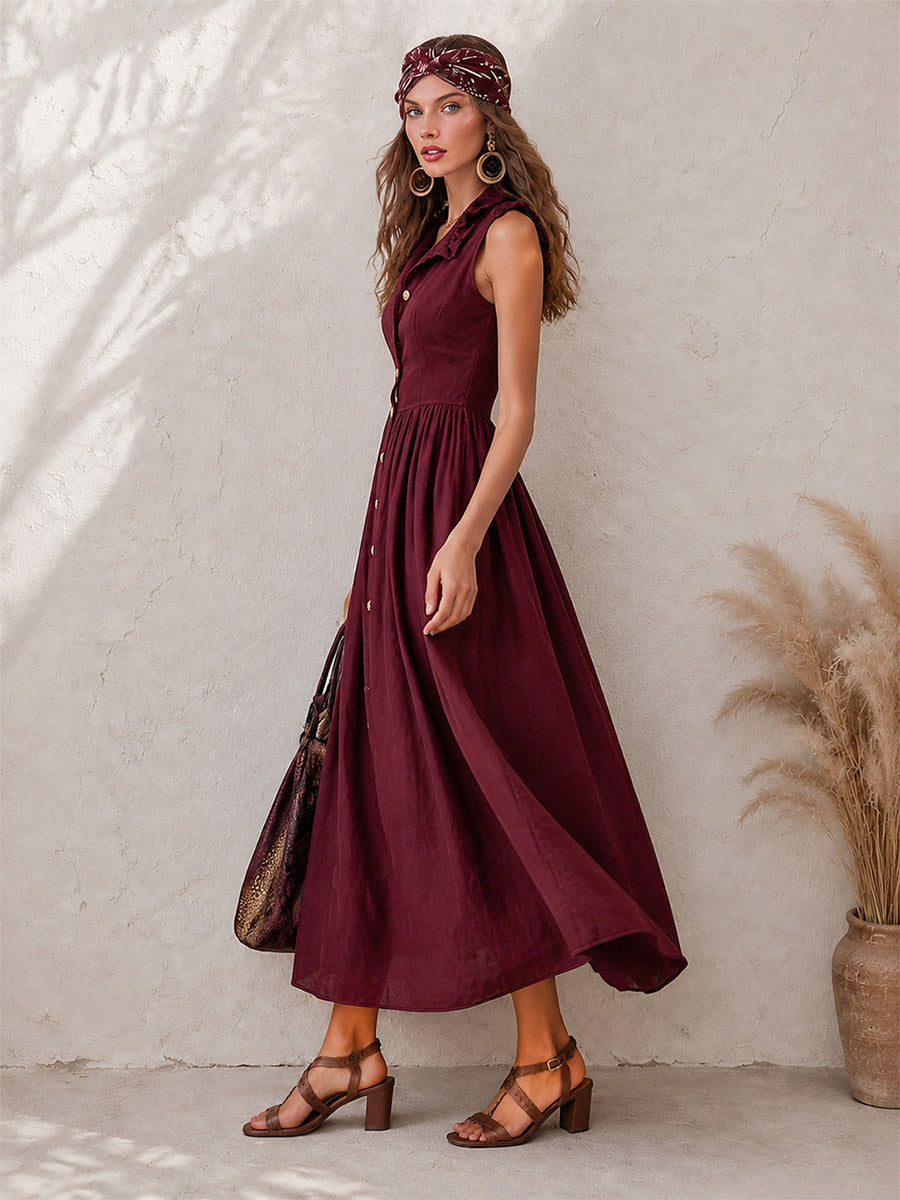 Elegant Zinfandel-colored Cotton And Linen Sleeveless Maxi Dress
