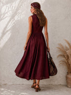 Elegant Zinfandel-colored Cotton And Linen Sleeveless Maxi Dress
