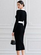 Contrast Peter Pan Collar Ribbed Knit Bodycon Midi Dress with Gold Buttons