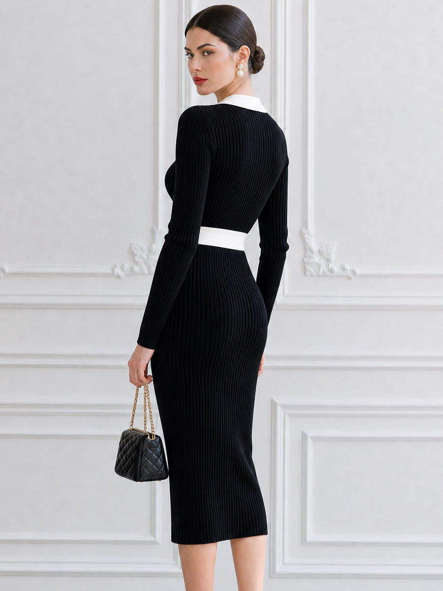 Contrast Peter Pan Collar Ribbed Knit Bodycon Midi Dress with Gold Buttons