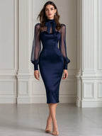 Satin Bow Neck Sheer Puff Sleeve Bodycon Midi Dress