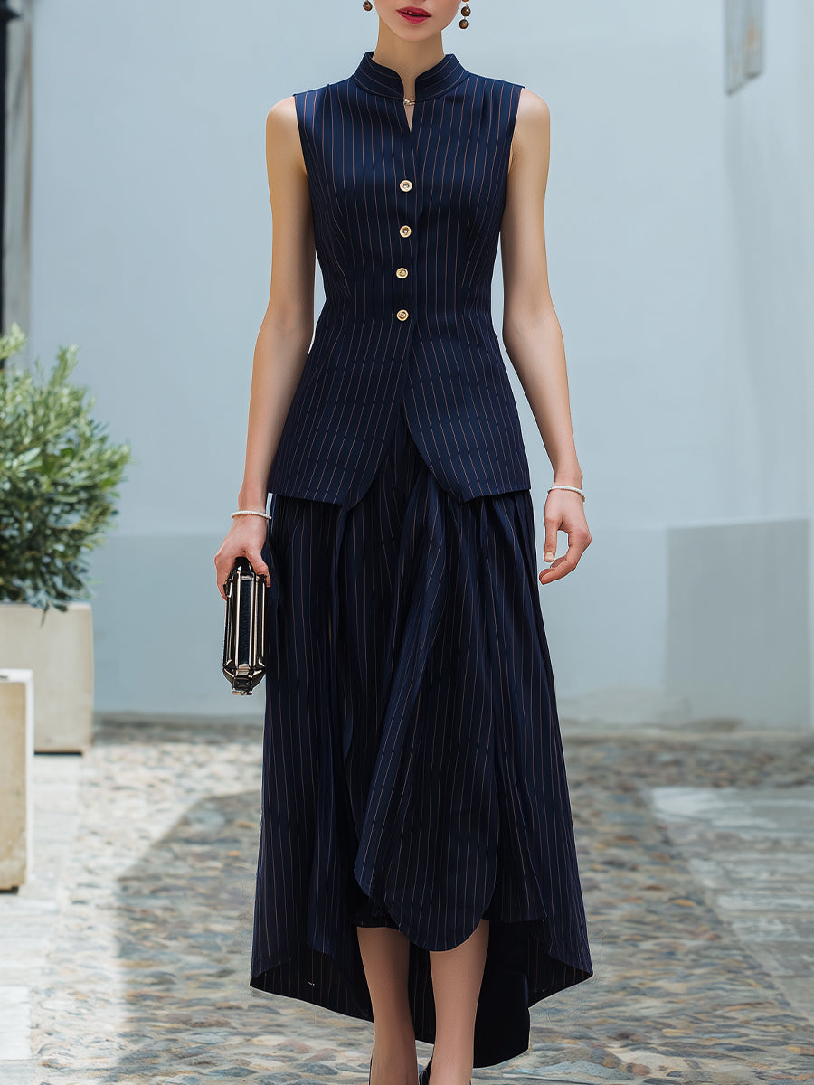Pinstripe Sleeveless Asymmetric Hem Two-Piece Set