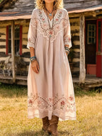 Women's Rose Floral Print 3/4 Sleeve Pocket Dress