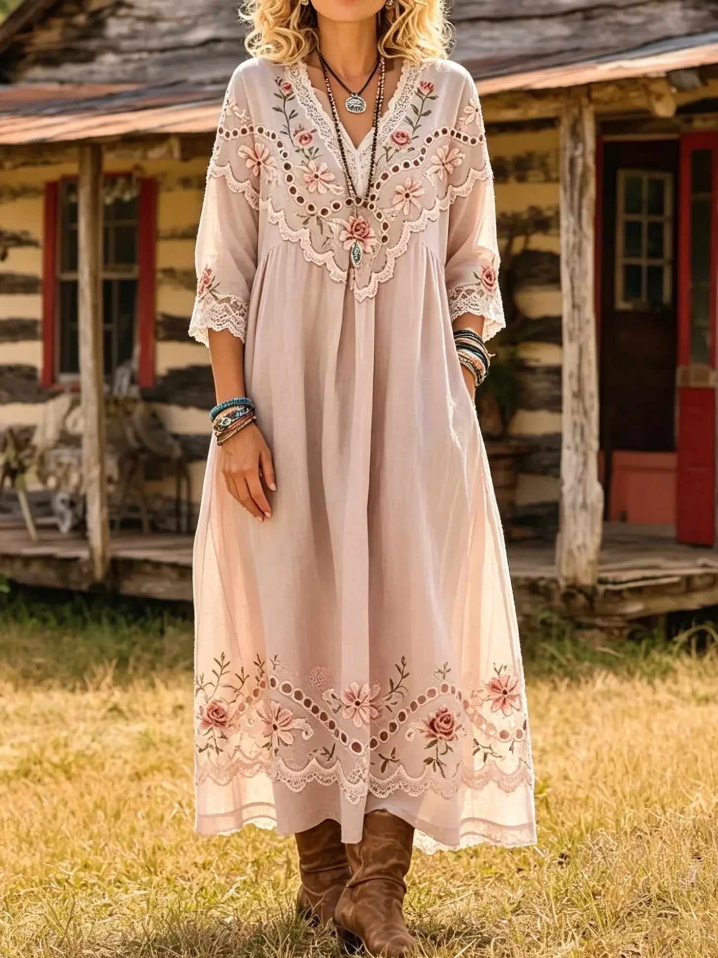 Women's Rose Floral Print 3/4 Sleeve Pocket Dress