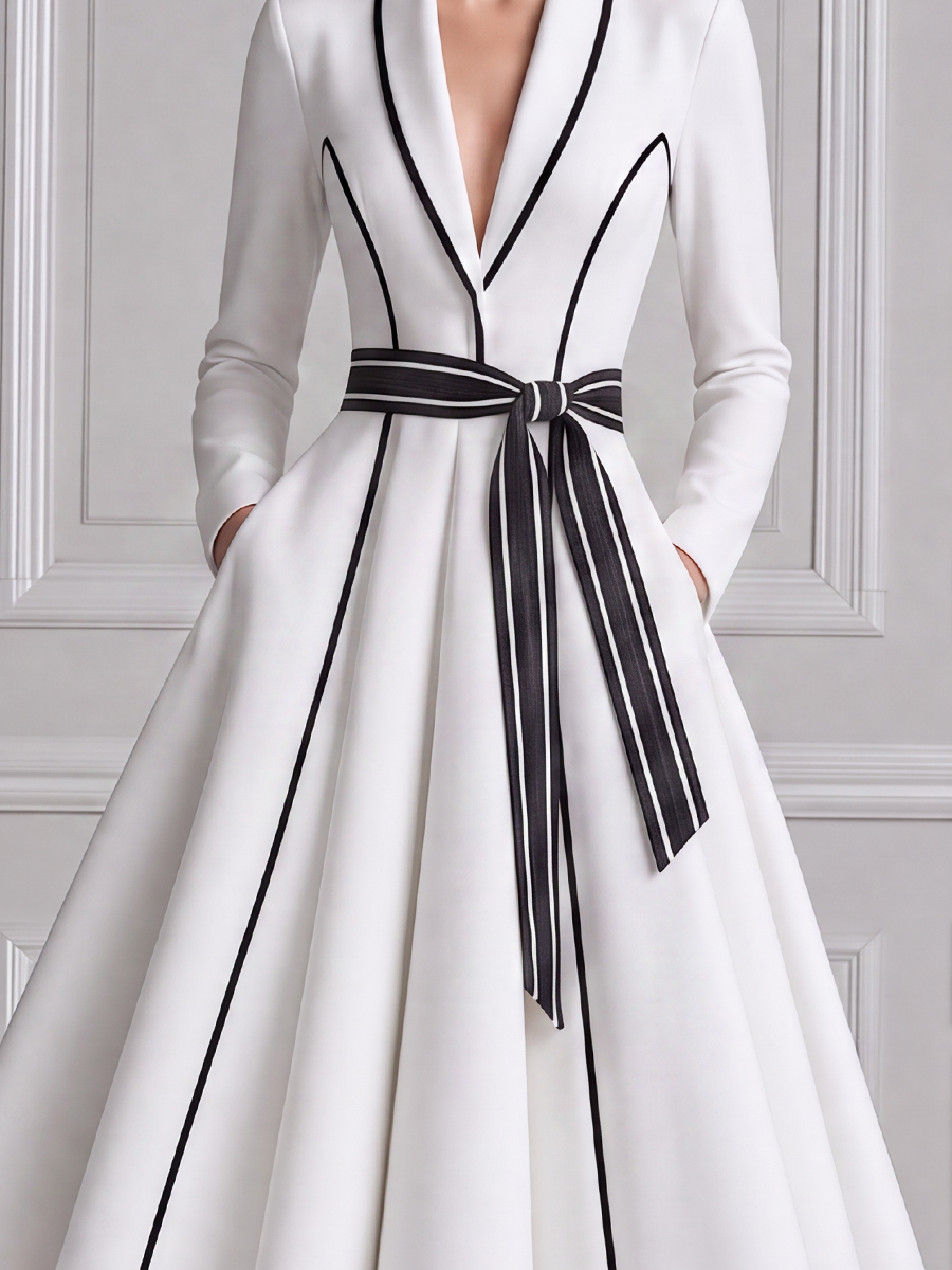 White Dress Contrast Trim Bow Belt A-Line Midi Dress