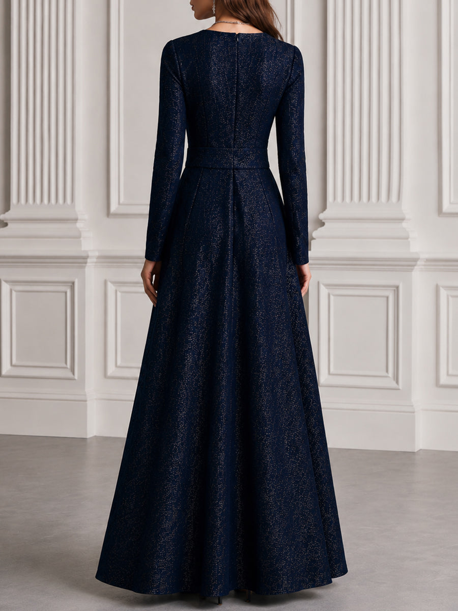 Lurex Surplice V-Neck Circle Buckle Belt Maxi Evening Gown