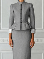 Grey Pinstripe Stand Collar Single Breasted Peplum Tailored Jacket & Pencil Skirt Two-Piece Suit Set