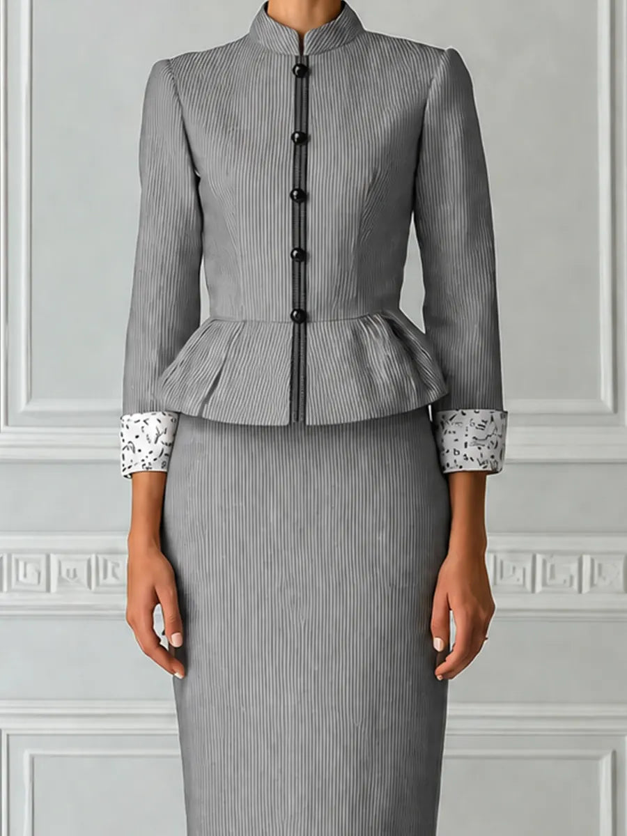 Grey Pinstripe Stand Collar Single Breasted Peplum Tailored Jacket & Pencil Skirt Two-Piece Suit Set
