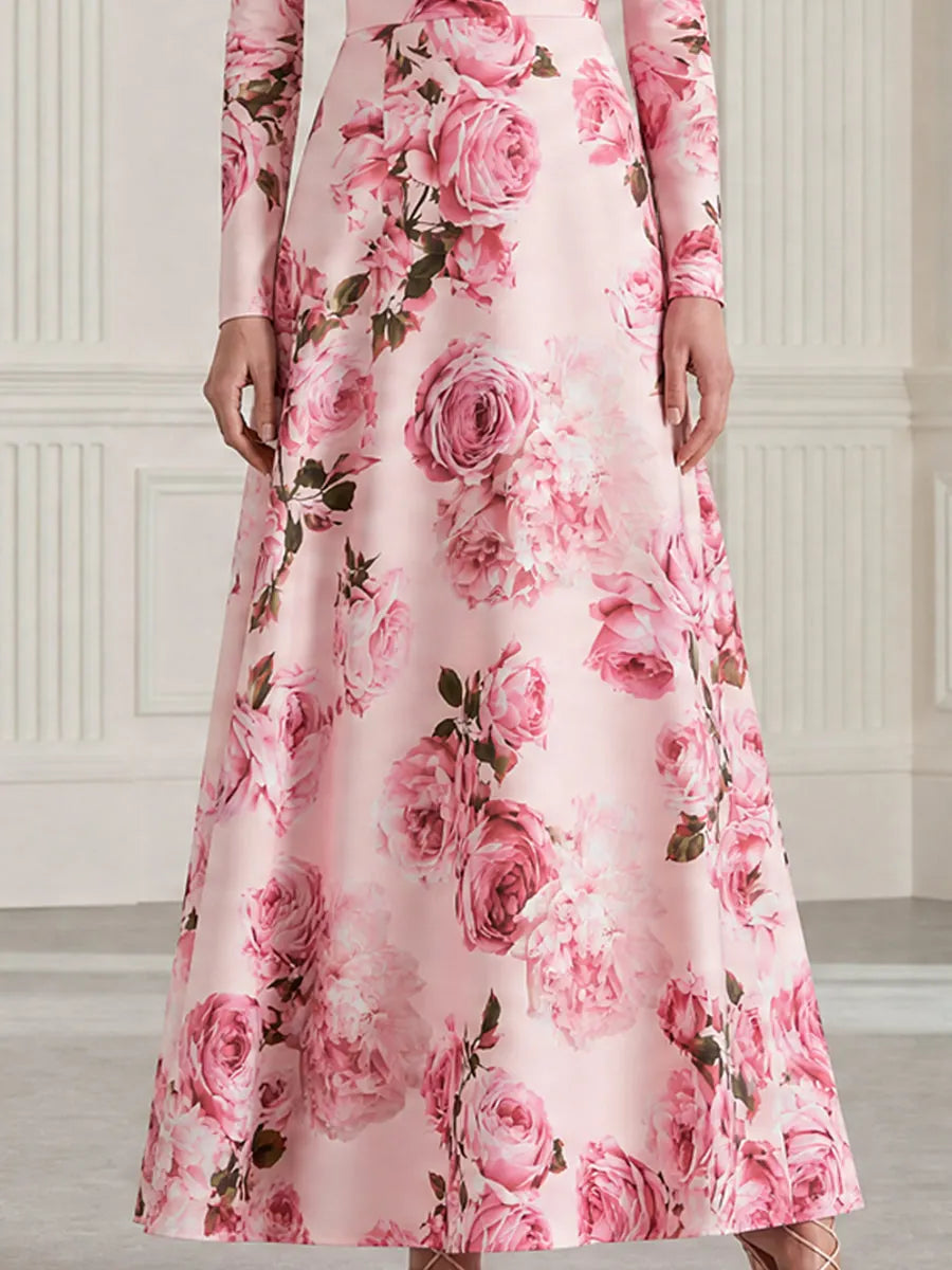 Rose Floral Print Cowl Neck Satin Maxi Evening Dress
