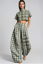 Hapi Plaid Crop Baggy Pants Set In Green