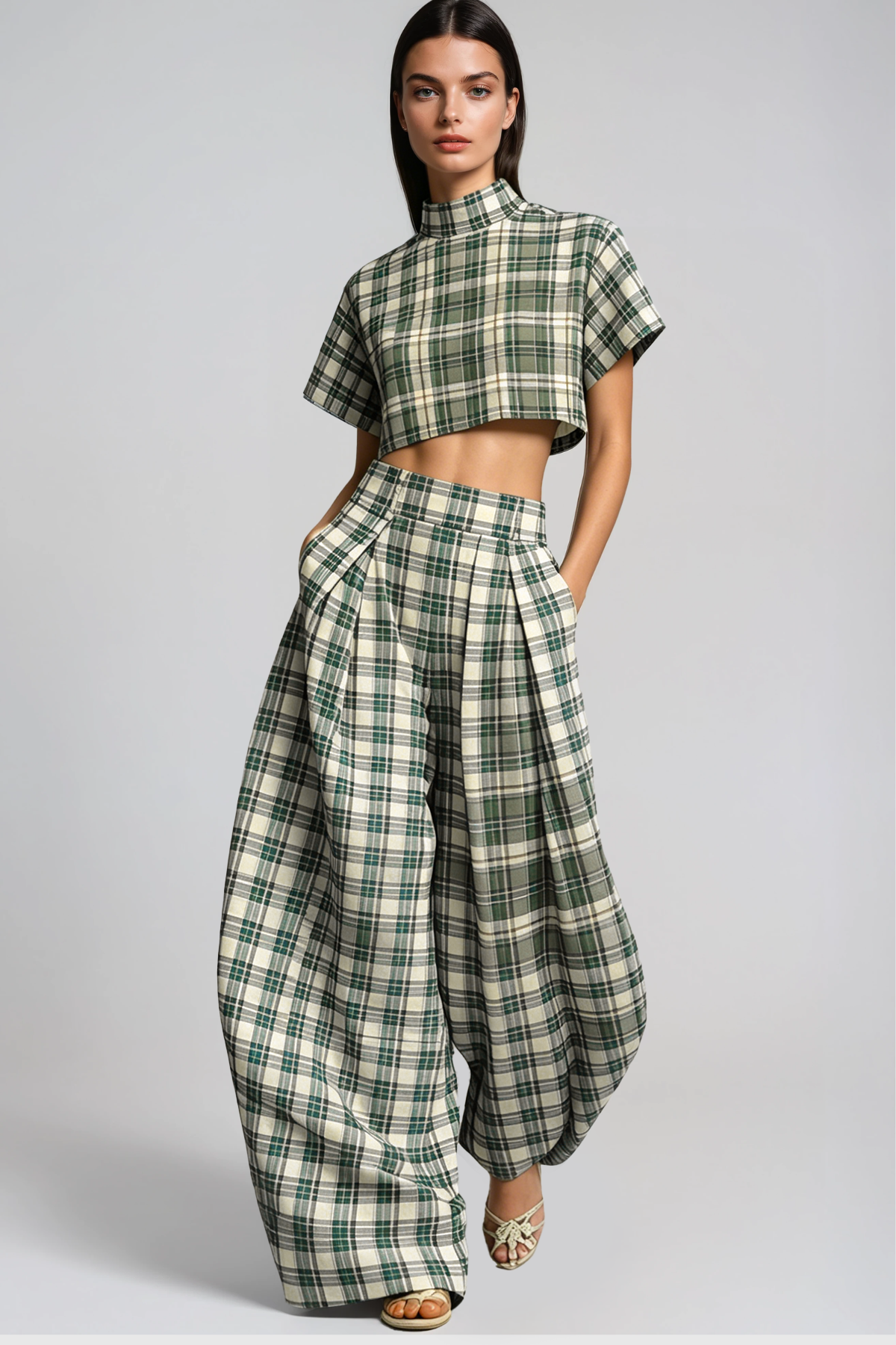 Hapi Plaid Crop Baggy Pants Set In Green