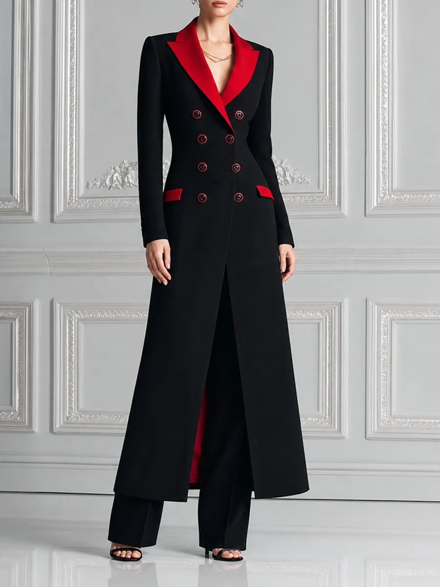 Black Red Contrast Longline Blazer Coat & Wide Leg Pants Set