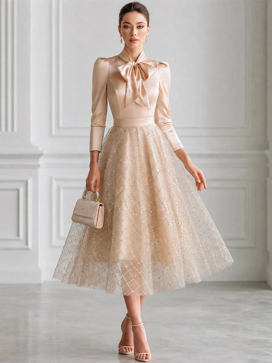 Elegant Bow-Neck Sequin Tulle A-Line Midi Dress