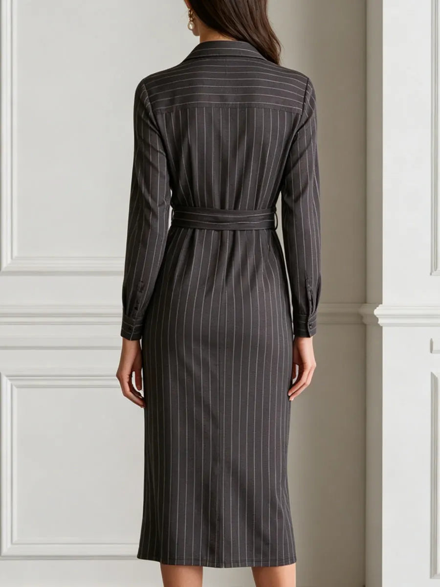 Dark Gray Vertical Pinstripe Collared Shirt Midi Dress