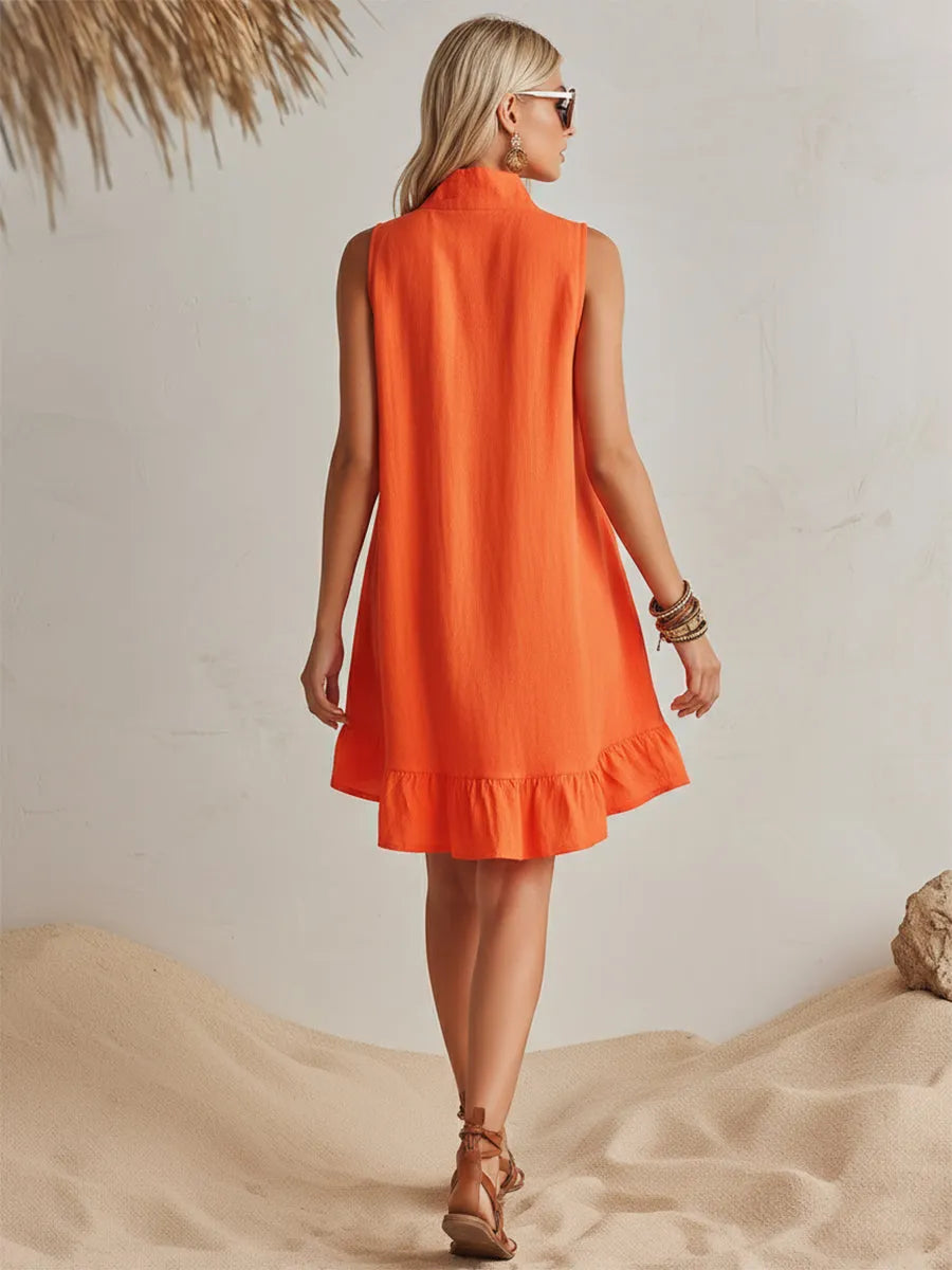 Vibrant Resort Orange Cotton Linen Half-Zip Stand Collar Ruffled Hem Mini Dress