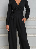 Black Fall Fashion Wrap V-Neck Wide Leg Jumpsuit