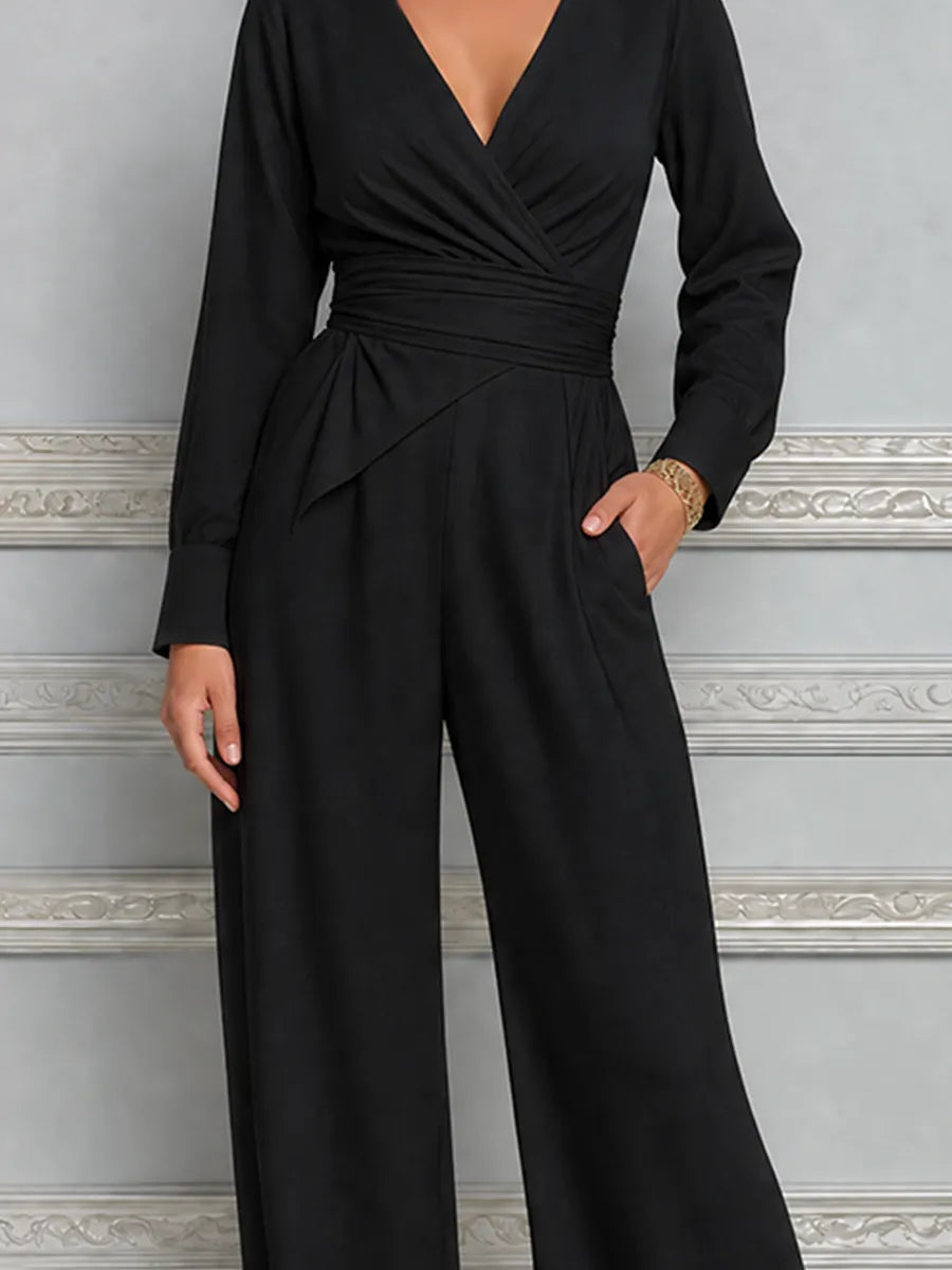 Black Fall Fashion Wrap V-Neck Wide Leg Jumpsuit