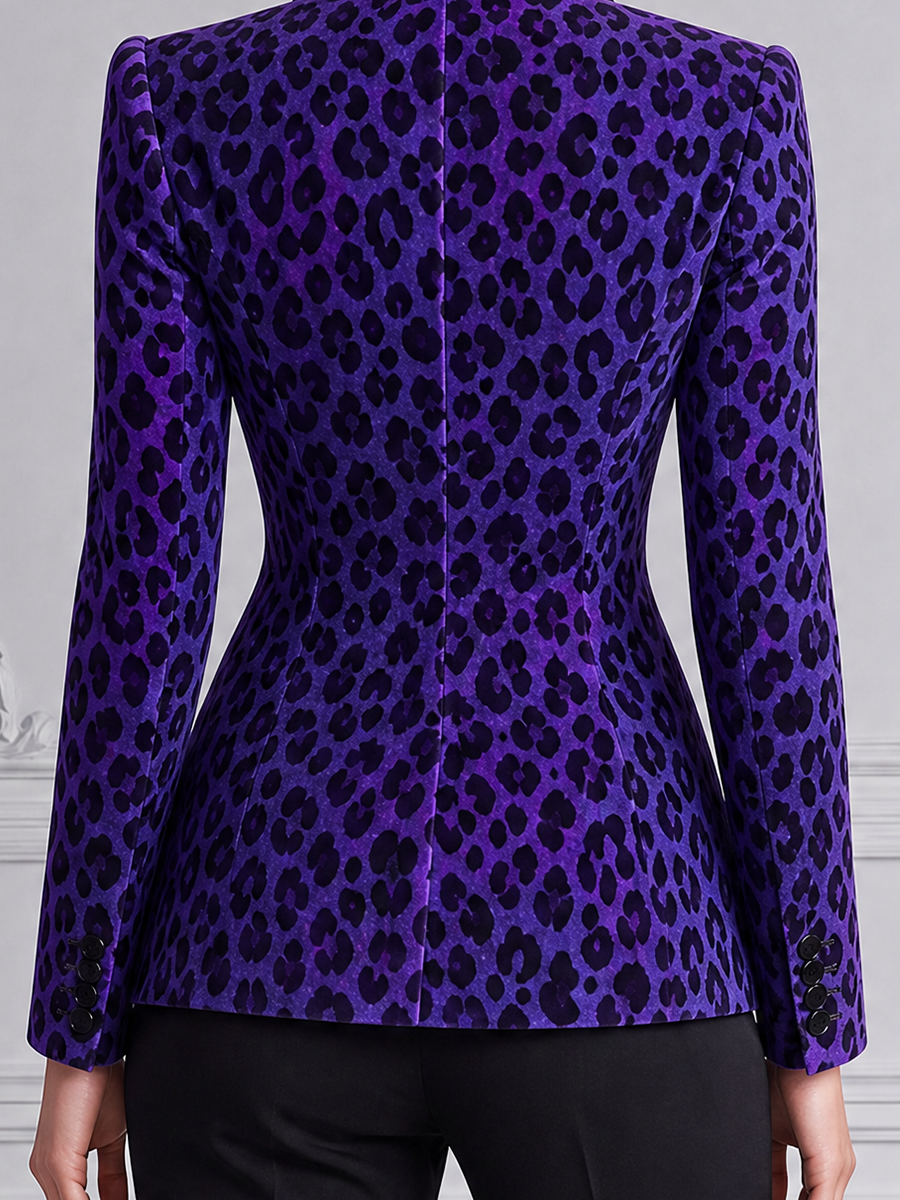 Purple Leopard Velvet Peak Lapel Tailored Blazer