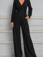 Black Fall Fashion Wrap V-Neck Wide Leg Jumpsuit