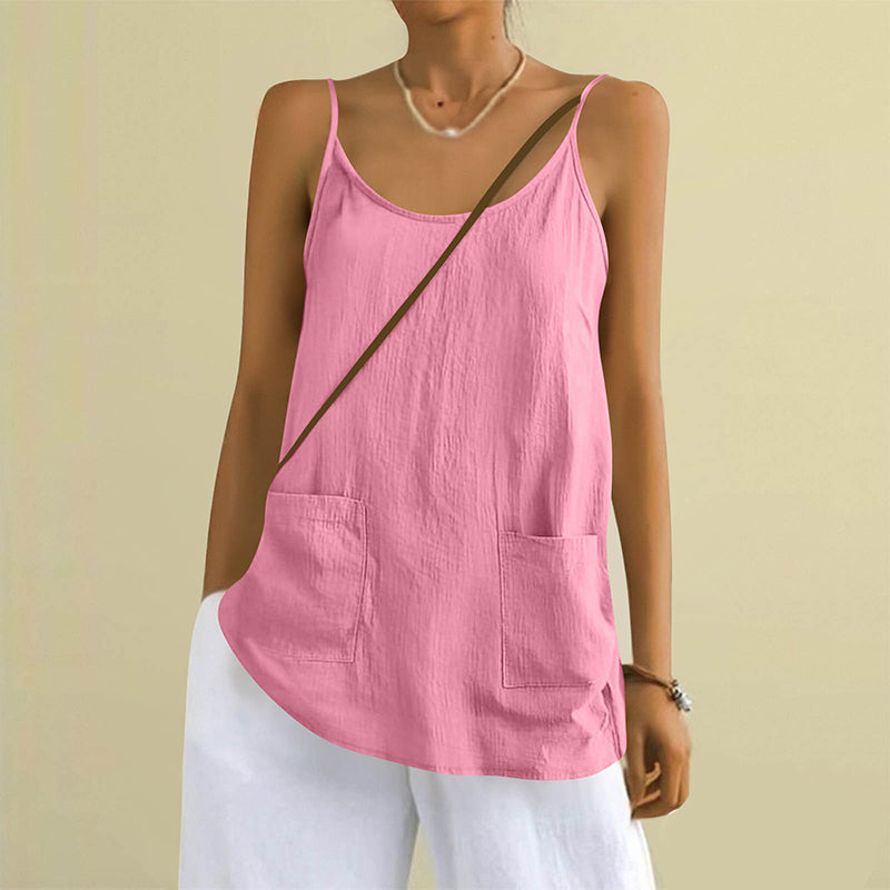 Women's Solid Color Sleeveless Linen Blend Pocket Camisole