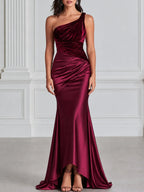 One Shoulder Velvet & Satin Ruched Maxi Evening Gown