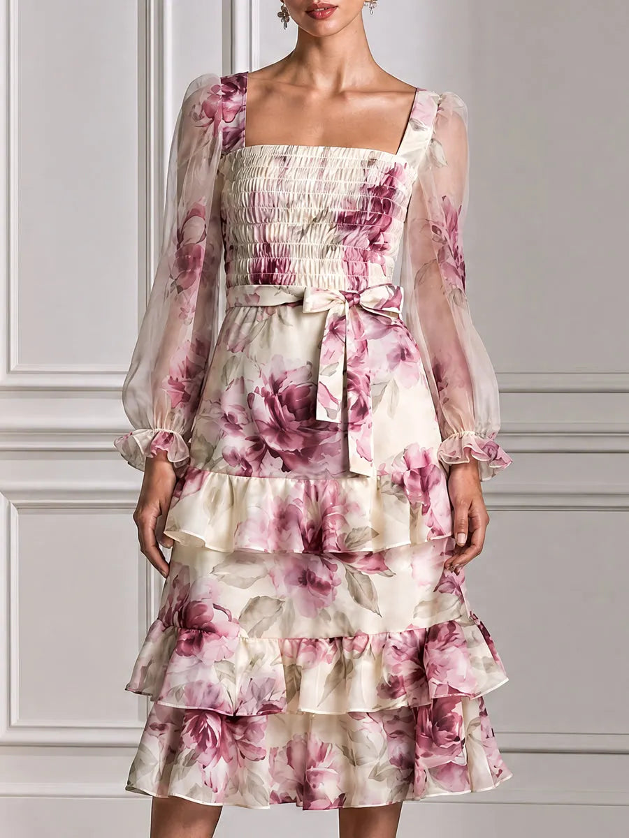 Floral Smocked Sheer Puff Sleeves & Ruffle Hem Midi Dress