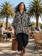 Artisan Cotton Blend Oversized-Fit Monochrome Pattern Poncho Blouse And Pant Set