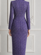 Purple Tweed Dress Fall Wedding Guest Dress Black Lapel Blazer Midi Dress