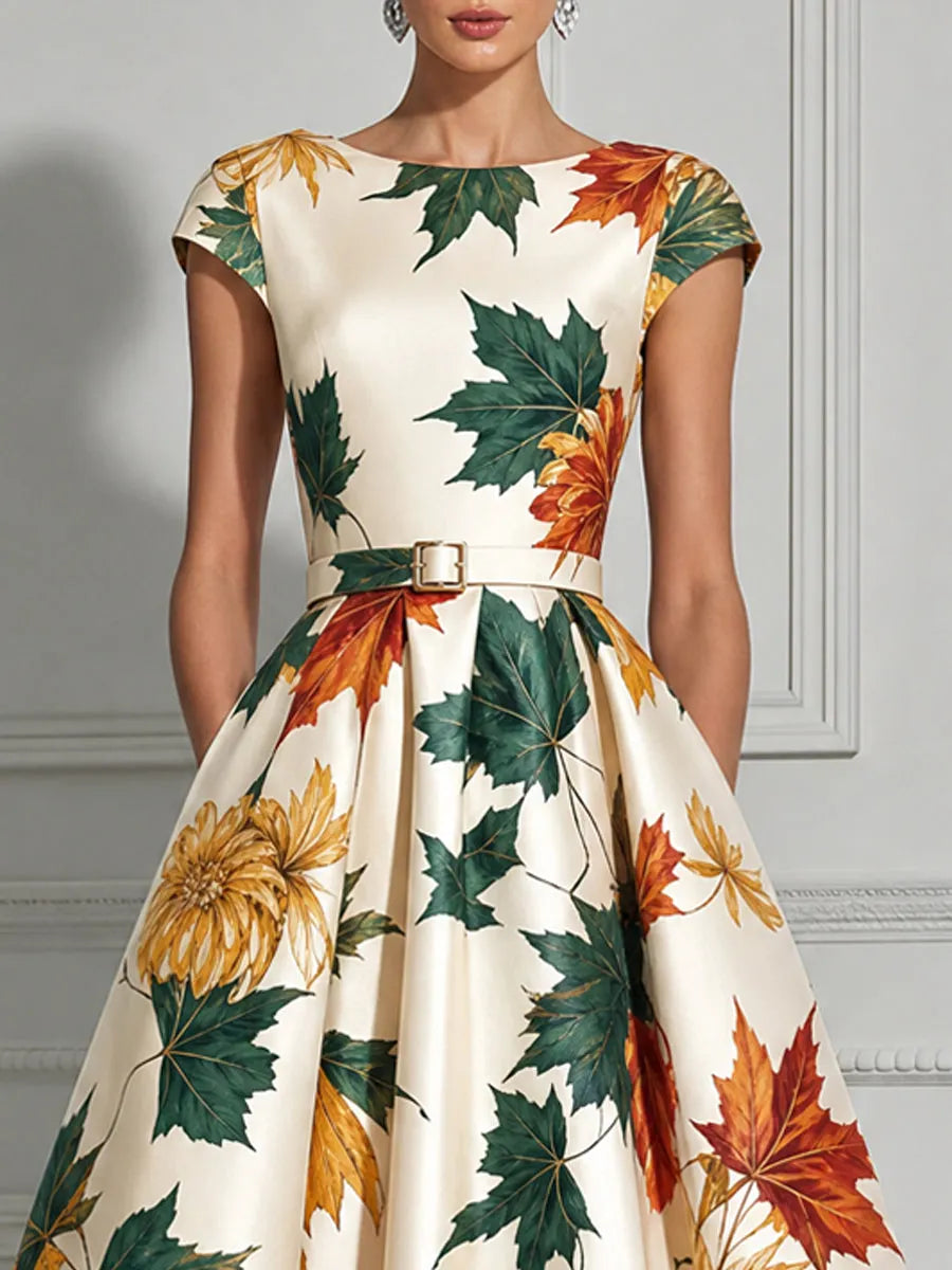 Autumn Maple Leaf Print Belt A-Line Midi Dress