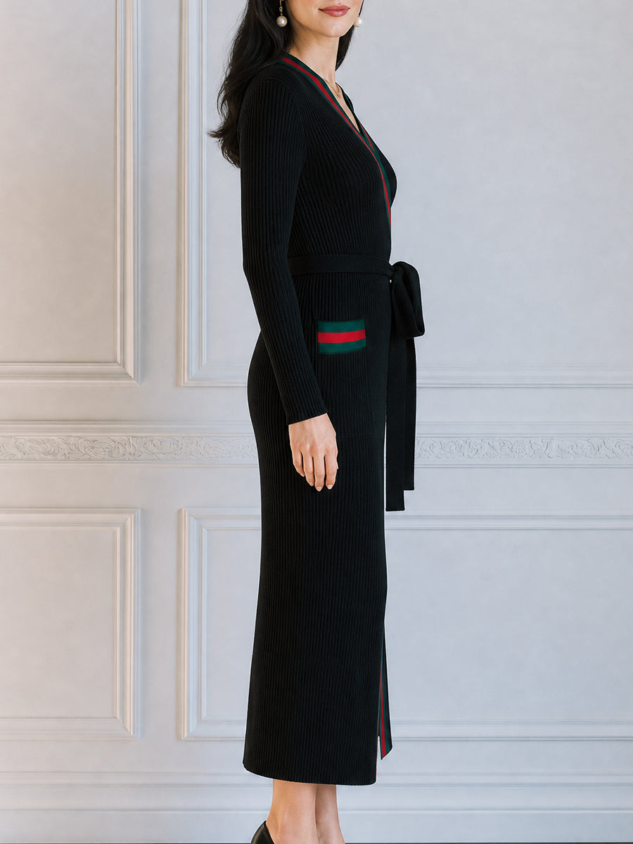 Wrap Front Striped Trim Ribbed Knit Long Sleeve Maxi Sweater Dress With Belt