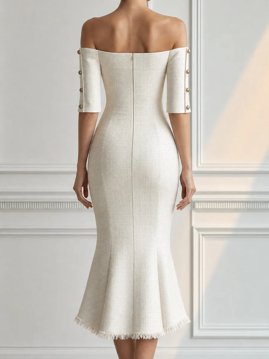 Tweed Off-Shoulder Mermaid Midi Dress