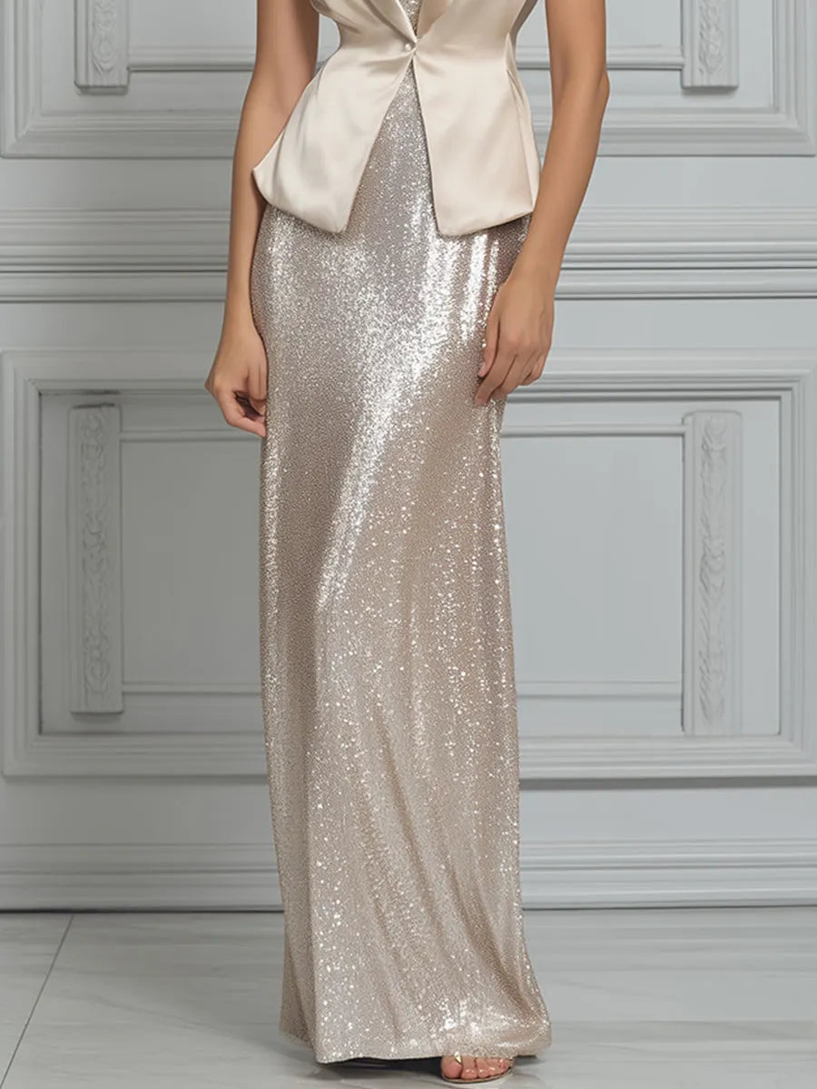 Satin Peplum Vest Sequin Maxi Dress