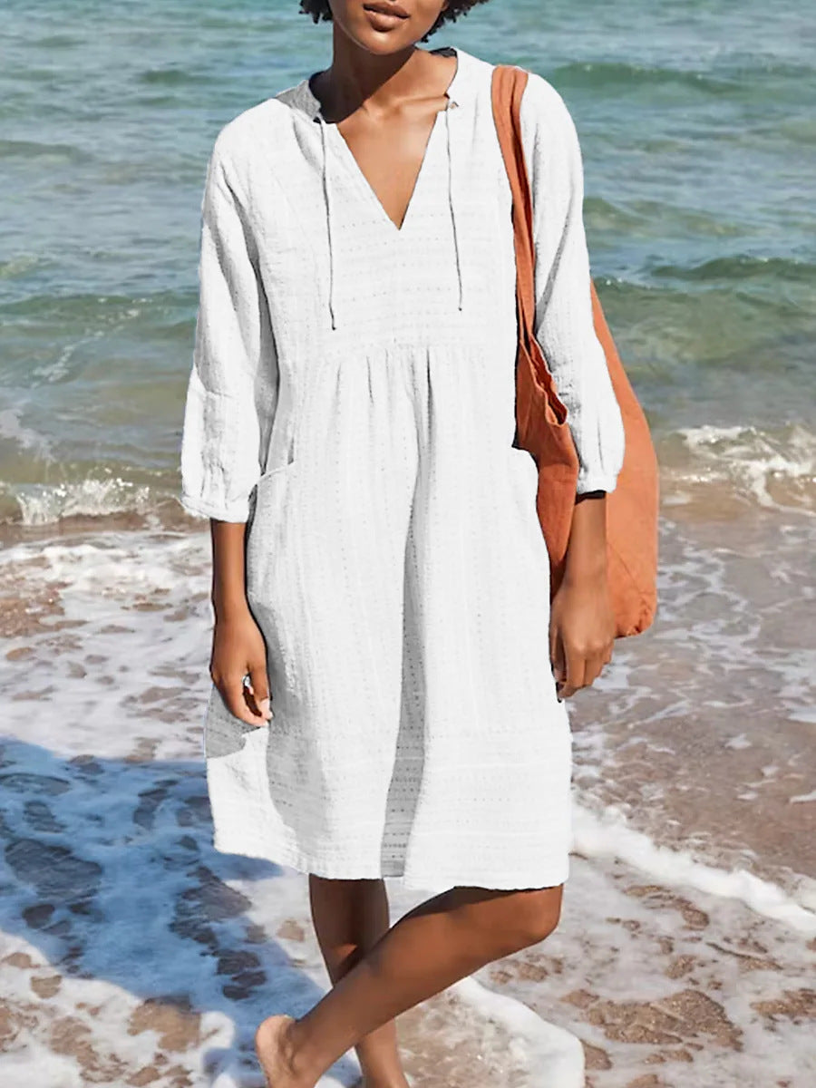 Women's Solid Color Loose Elegant Casual V-neck Pocket Cotton And Linen Dress
