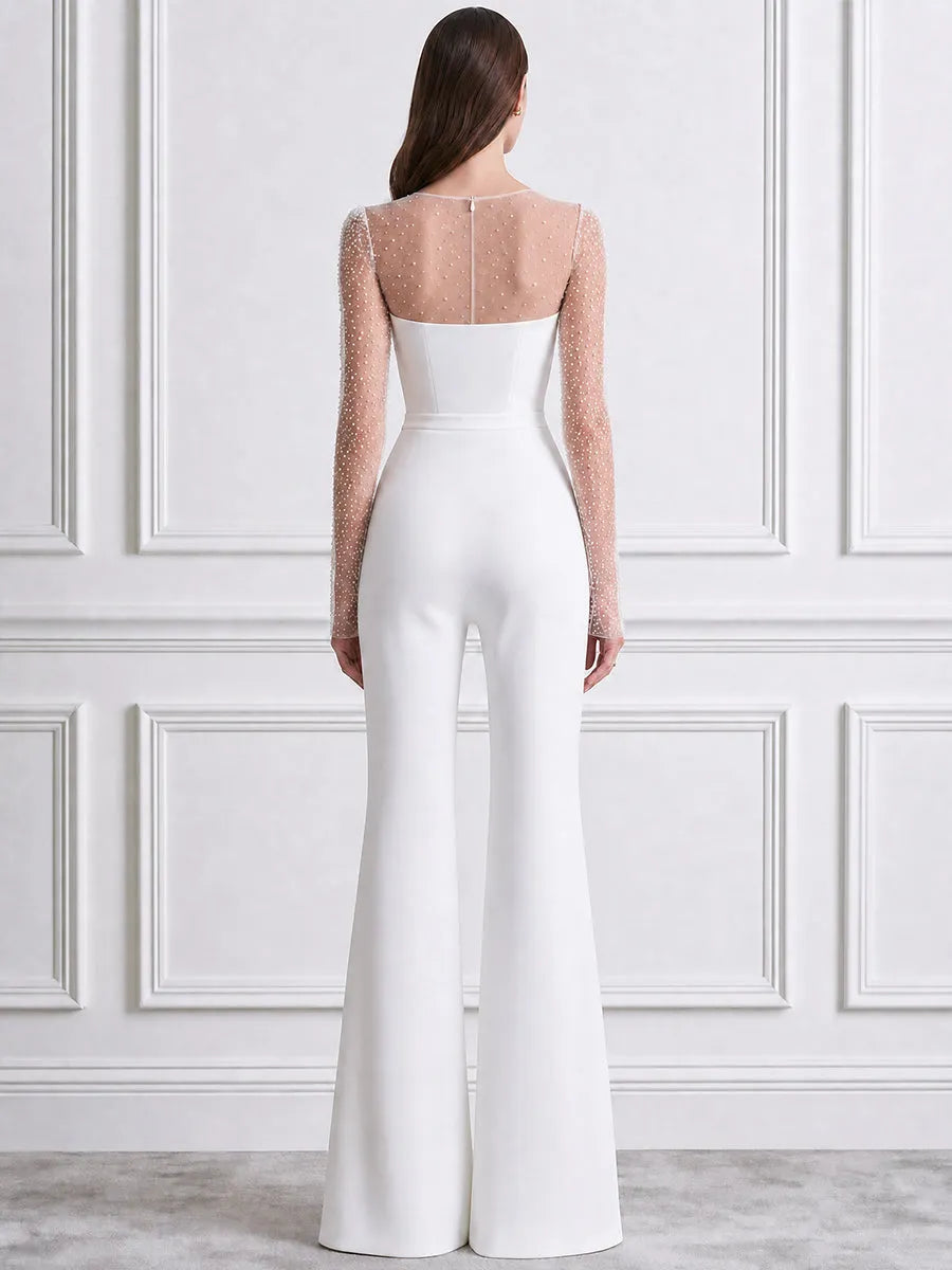 Illusion Mesh Long Sleeve Sweetheart Flare Jumpsuit