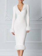 White Dress Stockholm Style Ribbed Knit Feather Trim Midi Dress