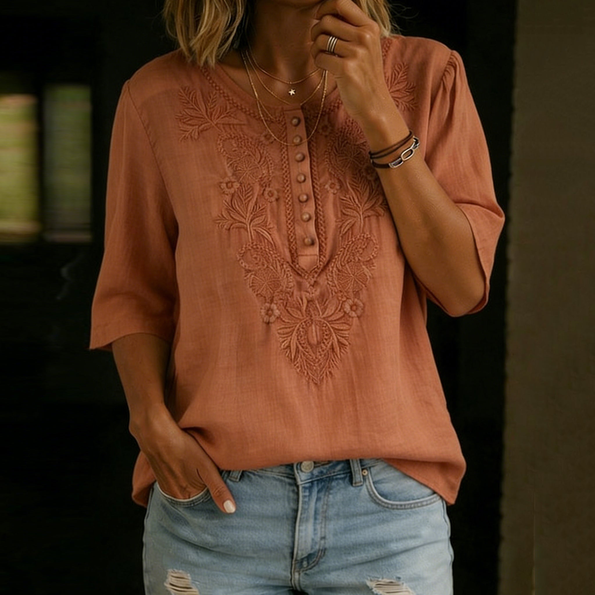 Women's Vintage Floral Embroidery Linen Shirt