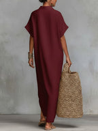 Women's Solid Color Collared Short-sleeved Casual Loose Linen Dress