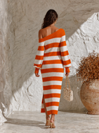 Resort-style One-shoulder Striped Lantern Long-sleeved Knitted Midi Dress