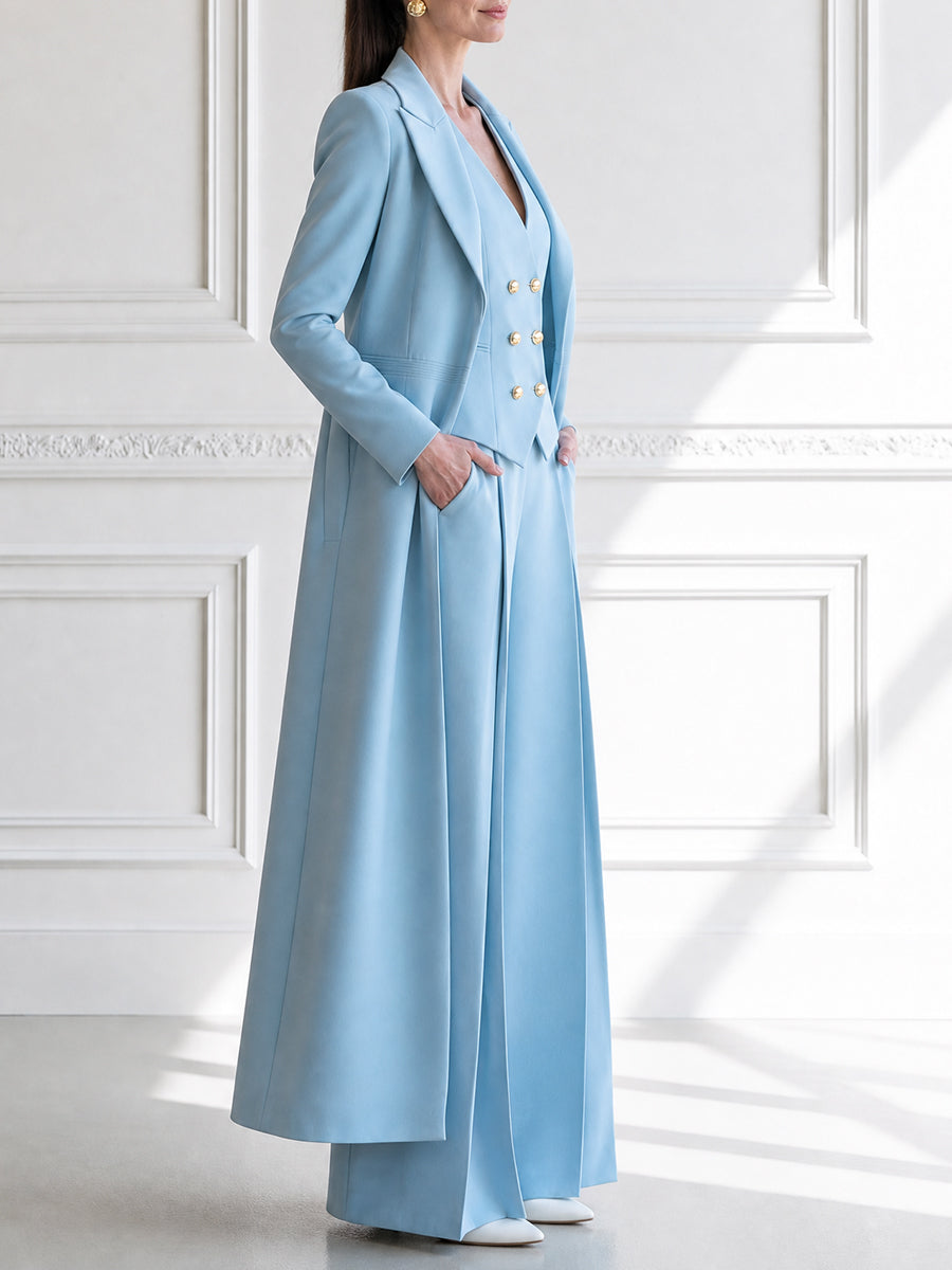 Elegant Long Blazer Vest & Wide-Leg Pants Three-Piece Suit Set