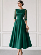 Satin Boat-Neck Mesh-Sleeve Fit-and-Flare Midi Dress