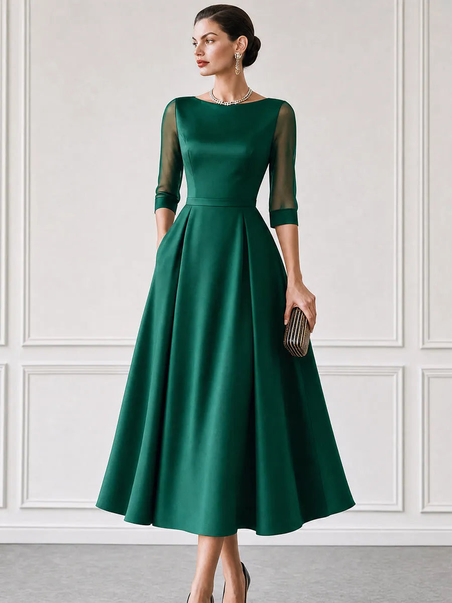 Satin Boat-Neck Mesh-Sleeve Fit-and-Flare Midi Dress
